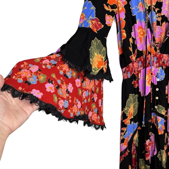 Free People Penny Printed Maxi Bodysuit Dress. Boho Floral Bright Lace Ruffle XS - Picture 8 of 16